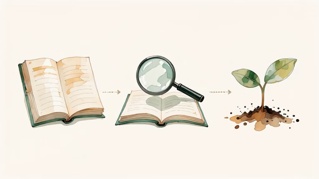 ภาพวาดสีน้ำแสดงขั้นตอนการสืบค้น หนังสือ แว่นขยาย และต้นอ่อน